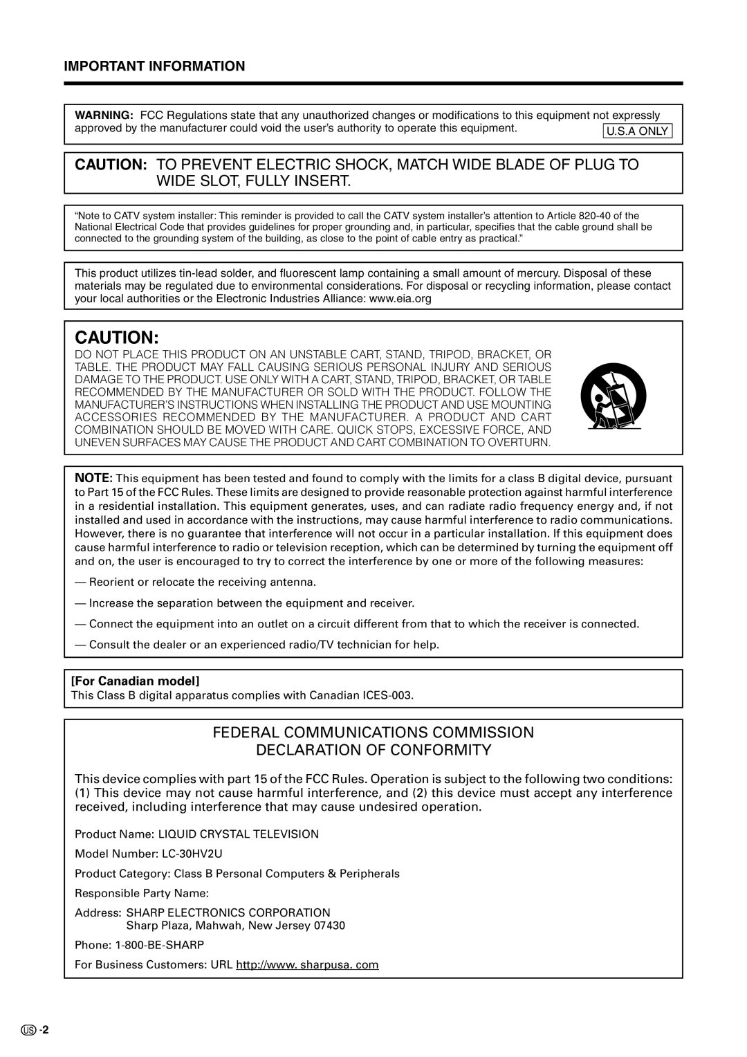 Sharp LC 30HV2U operation manual Federal Communications Commission Declaration of Conformity 