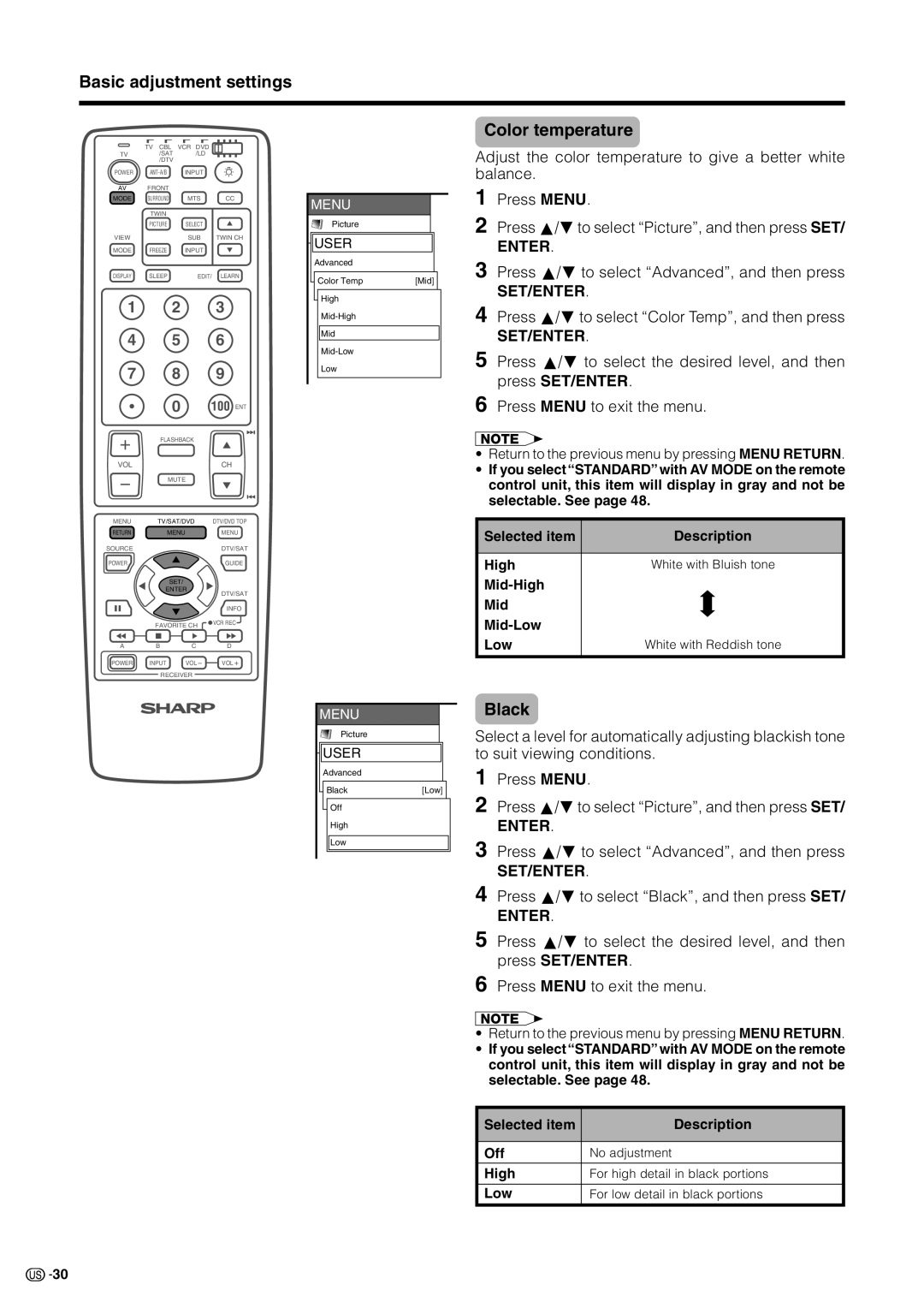 Sharp LC 30HV2U operation manual Basic adjustment settings Color temperature, Black, Press SET/ENTER 