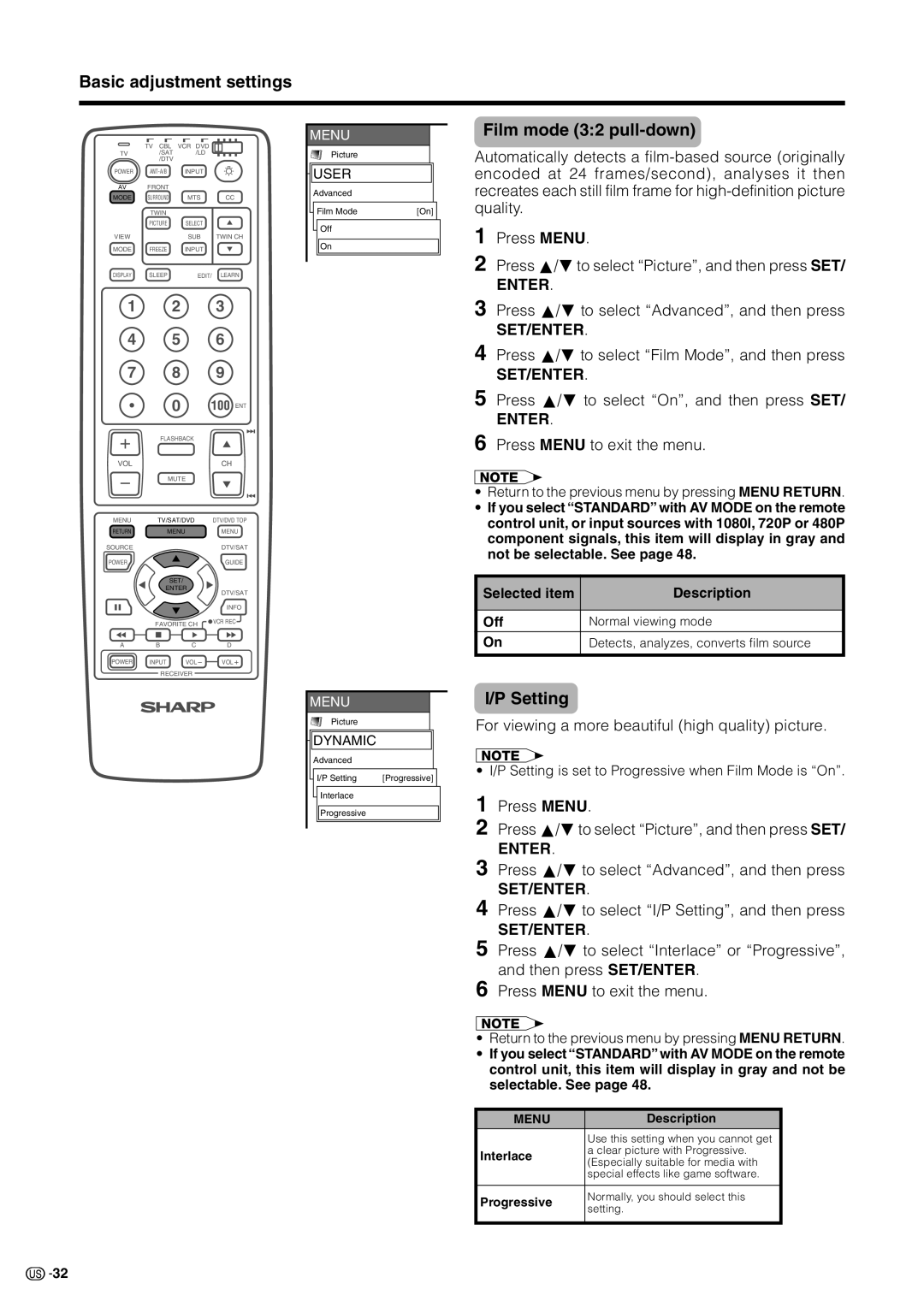 Sharp LC 30HV2U operation manual Film mode 32 pull-down, Setting is set to Progressive when Film Mode is On 