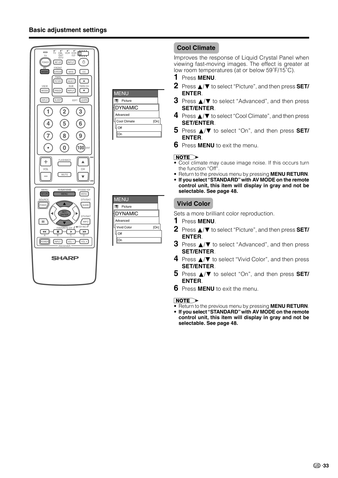 Sharp LC 30HV2U operation manual Cool Climate, Vivid Color 