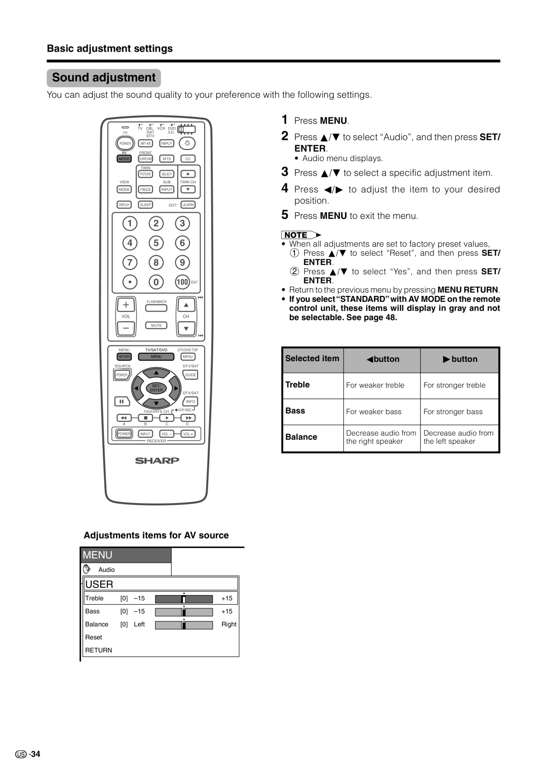 Sharp LC 30HV2U operation manual Sound adjustment, Audio menu displays, Bass, Balance 