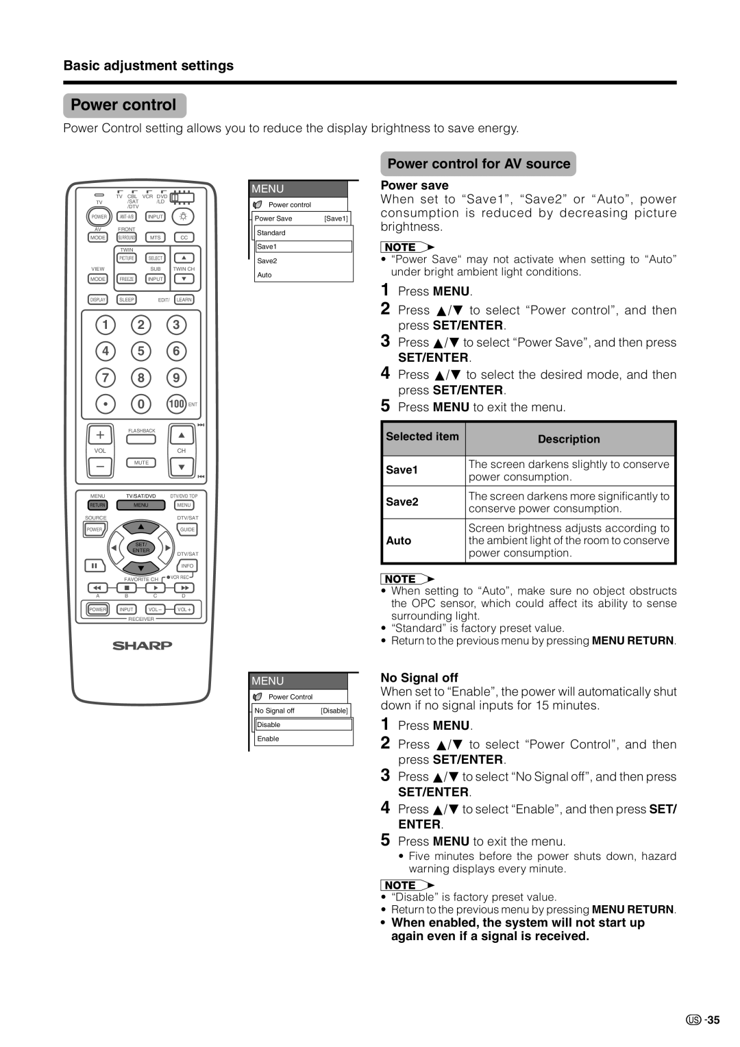 Sharp LC 30HV2U operation manual Power control for AV source, Power save, No Signal off 