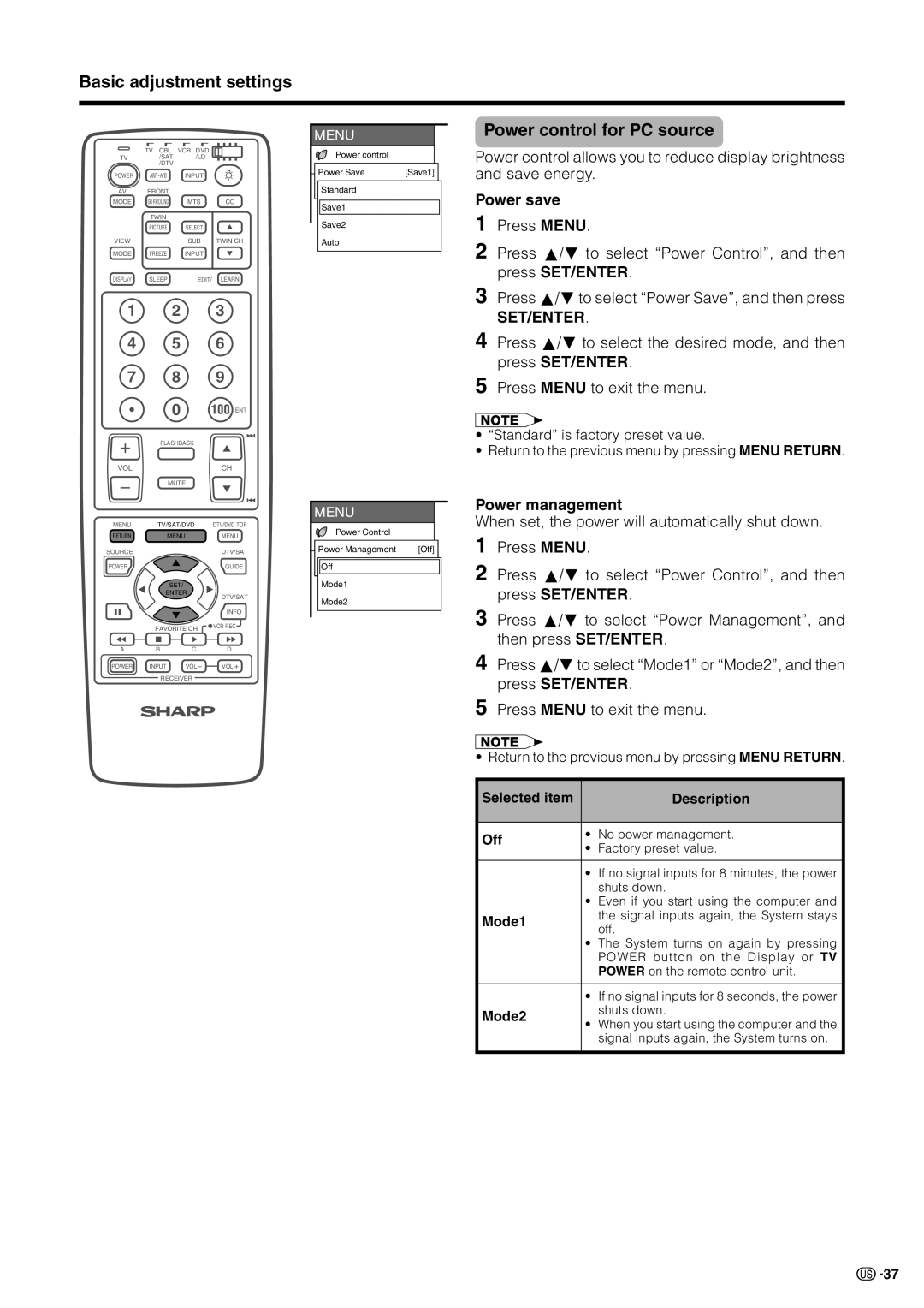 Sharp LC 30HV2U operation manual Power control for PC source, Power management, Selected item Description Off, Mode1, Mode2 