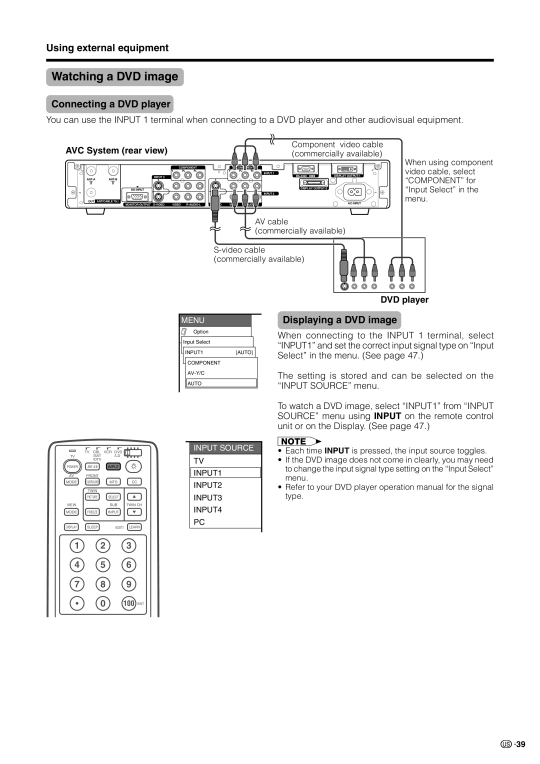 Sharp LC 30HV2U Watching a DVD image, Using external equipment, Connecting a DVD player, Displaying a DVD image 