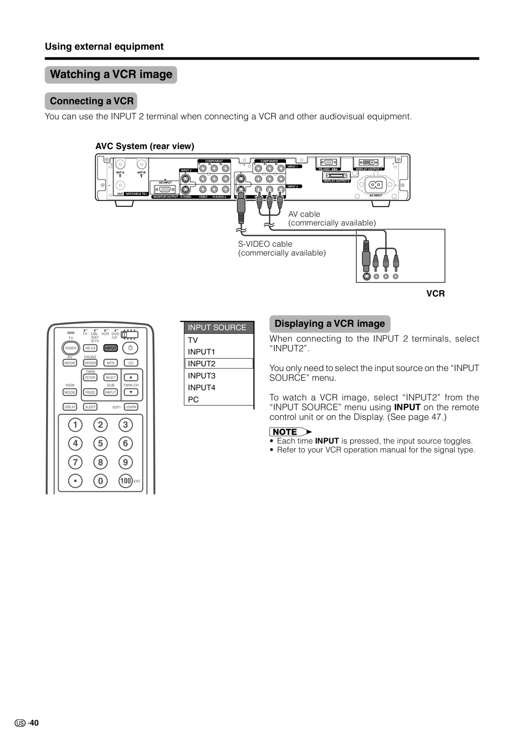 Sharp LC 30HV2U operation manual Watching a VCR image, Connecting a VCR, Displaying a VCR image 