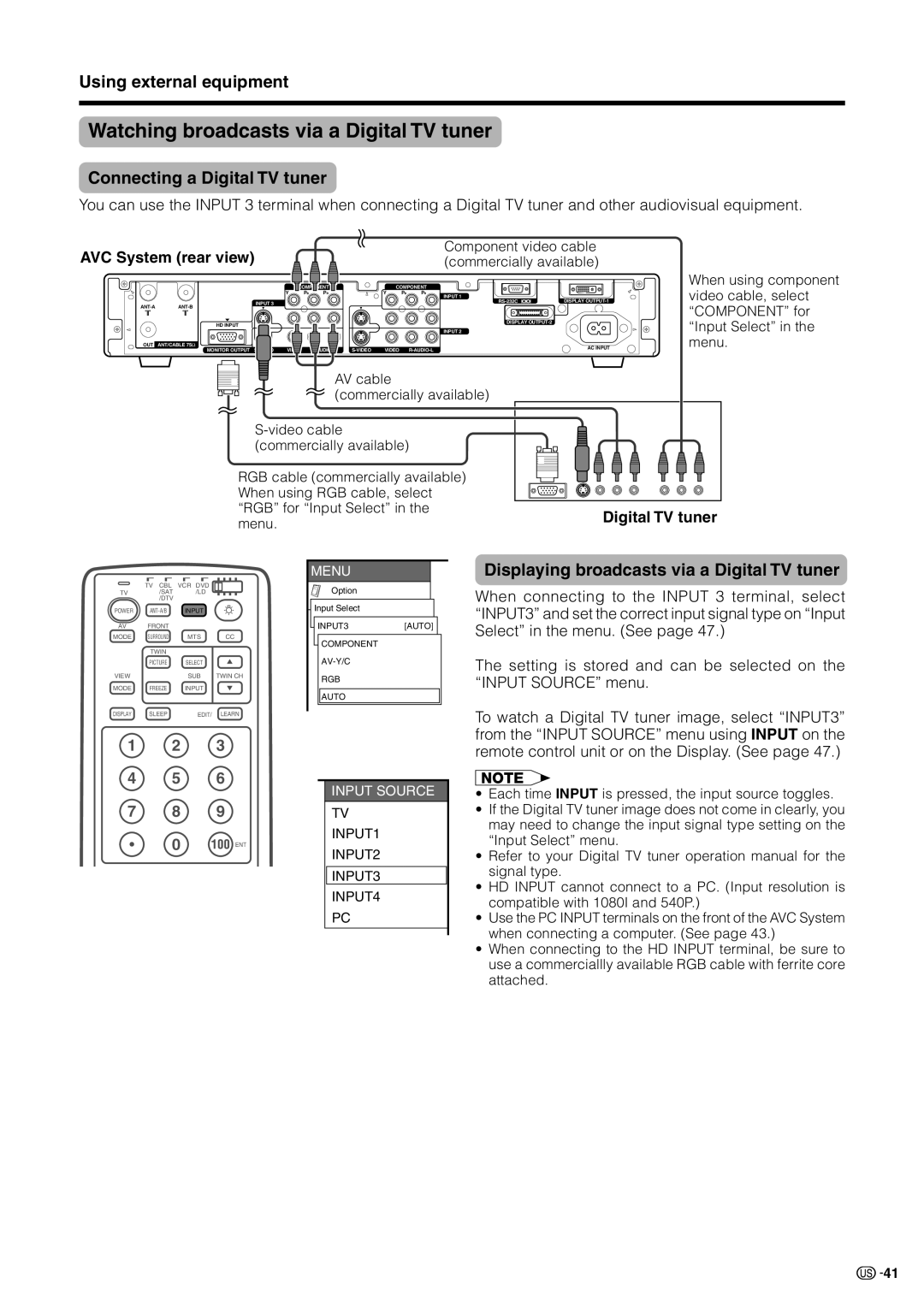 Sharp LC 30HV2U operation manual Watching broadcasts via a Digital TV tuner, Connecting a Digital TV tuner, Menu 