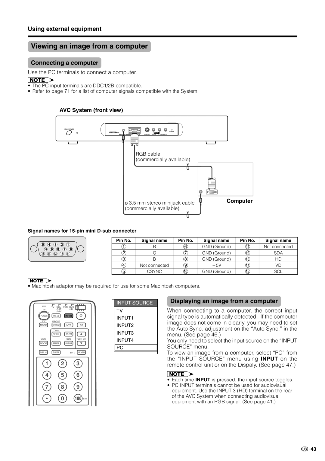 Sharp LC 30HV2U Viewing an image from a computer, Connecting a computer, Displaying an image from a computer, Computer 