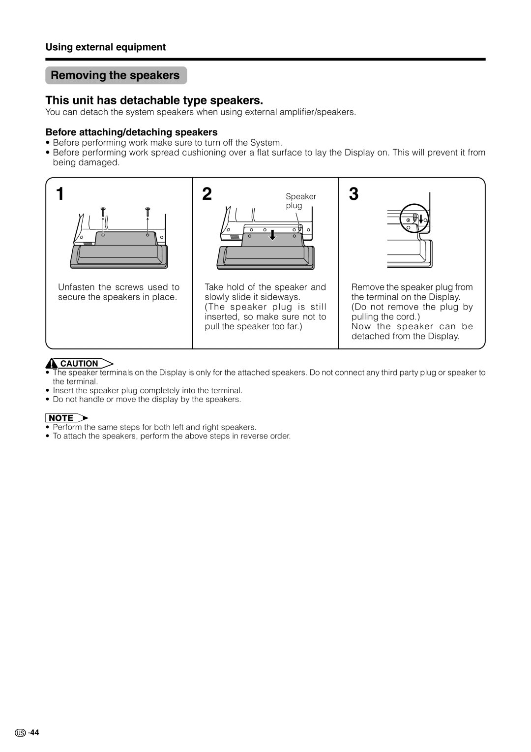 Sharp LC 30HV2U operation manual Before attaching/detaching speakers, Speaker, Plug 