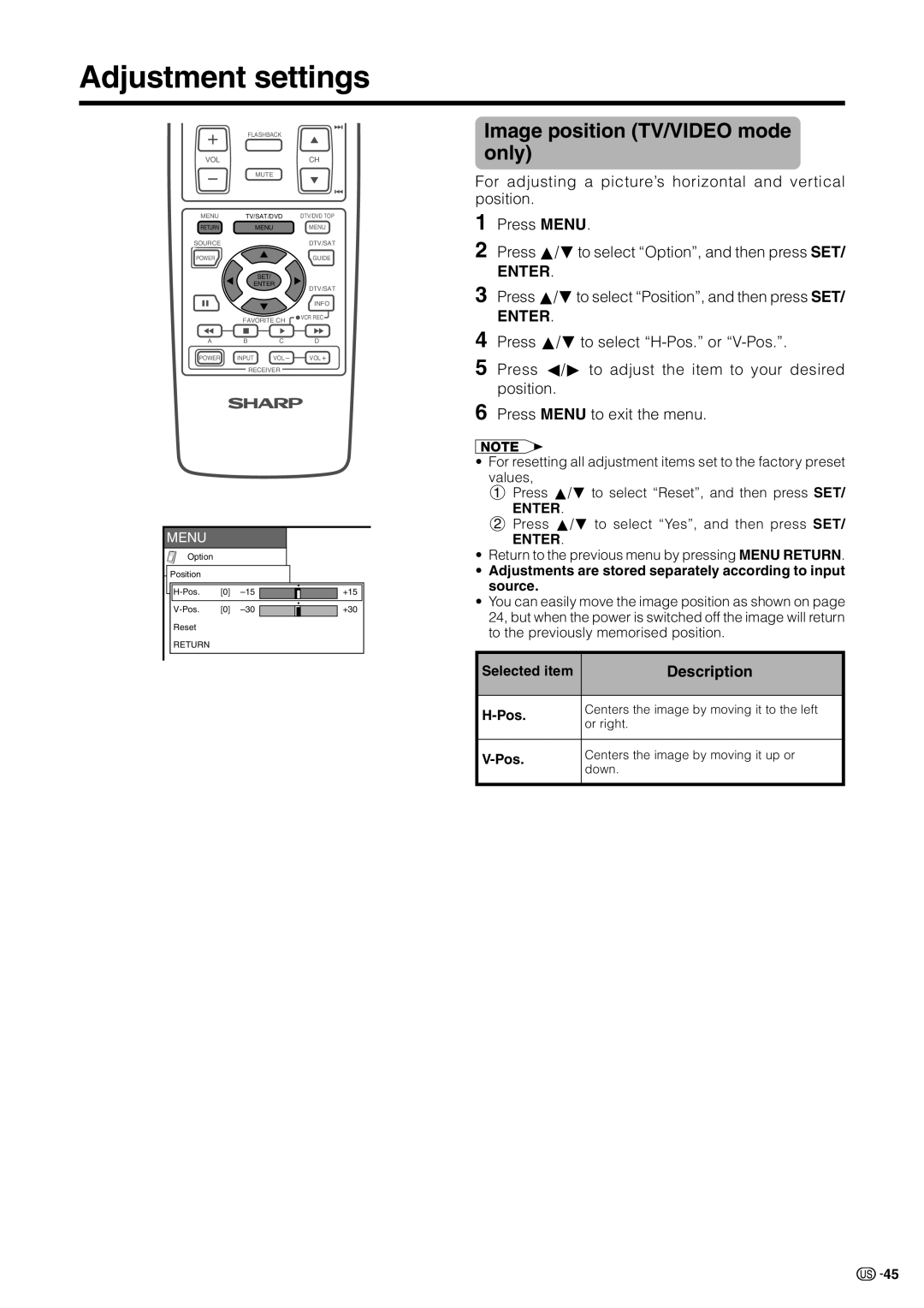 Sharp LC 30HV2U operation manual Adjustment settings, Image position TV/VIDEO mode only, Description, Pos 