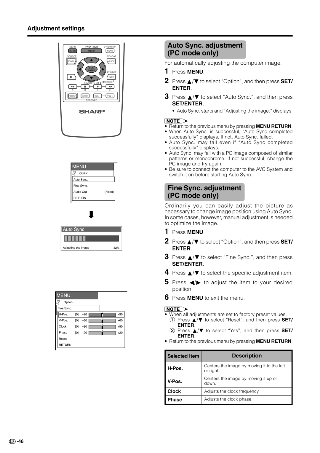 Sharp LC 30HV2U Auto Sync. adjustment PC mode only, Fine Sync. adjustment PC mode only, Adjustment settings, Clock, Phase 