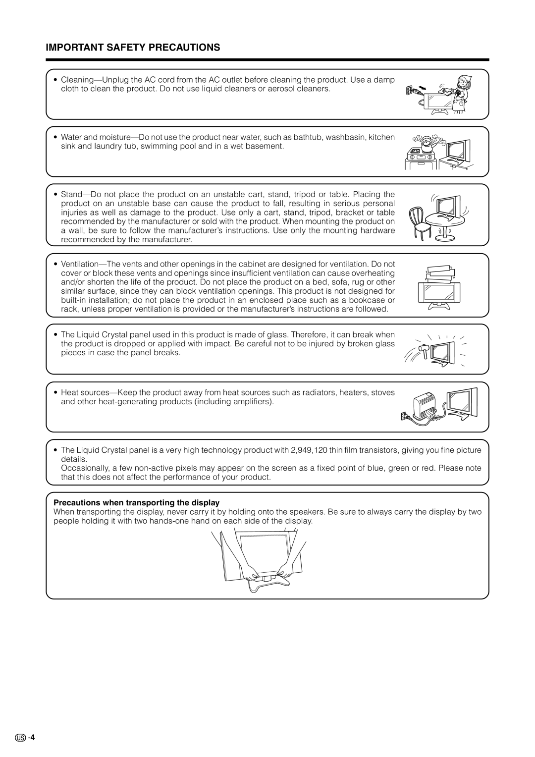 Sharp LC 30HV2U operation manual Important Safety Precautions, Precautions when transporting the display 