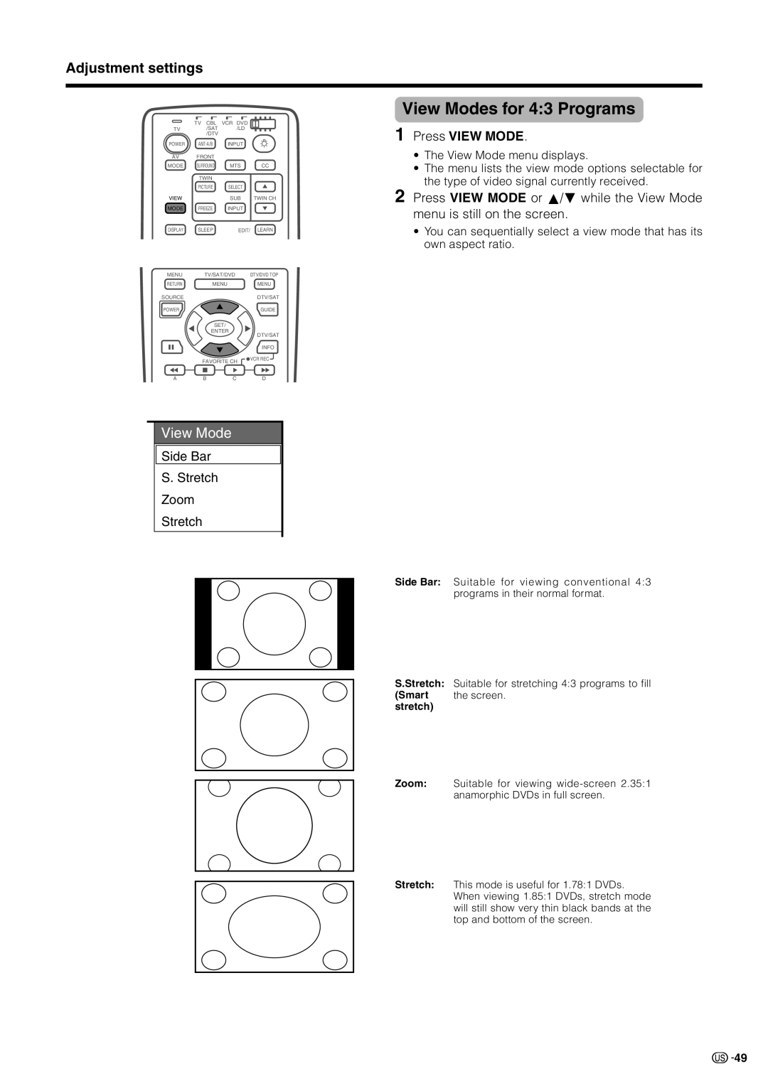 Sharp LC 30HV2U operation manual View Modes for 43 Programs, Press View Mode 