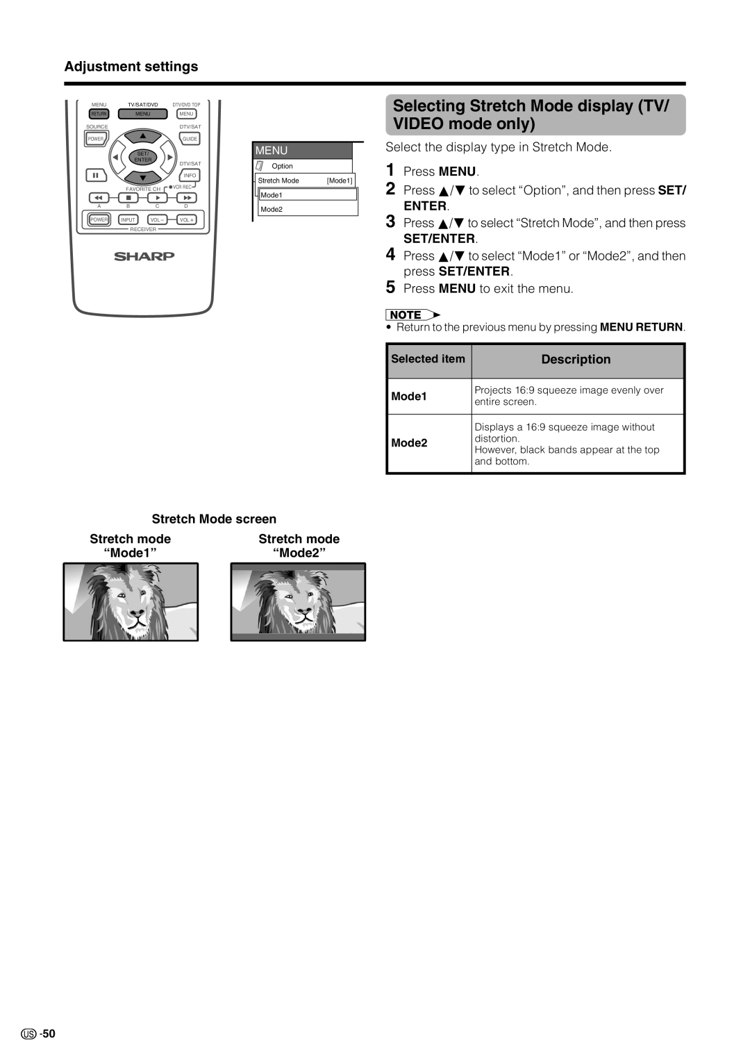 Sharp LC 30HV2U operation manual Selecting Stretch Mode display TV/ Video mode only, Stretch Mode screen Stretch mode Mode1 