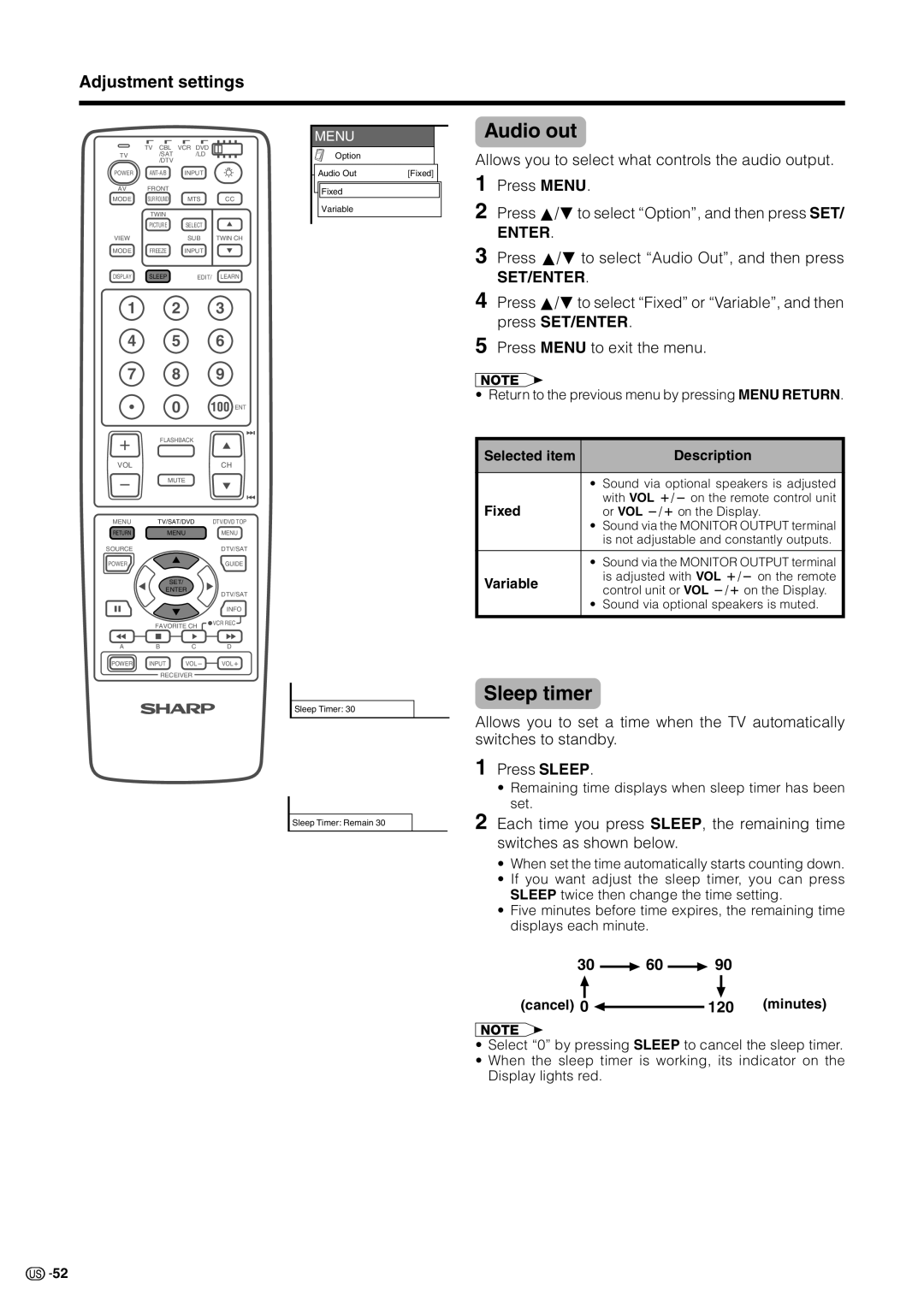 Sharp LC 30HV2U operation manual Audio out, Sleep timer, 30 60, 120 