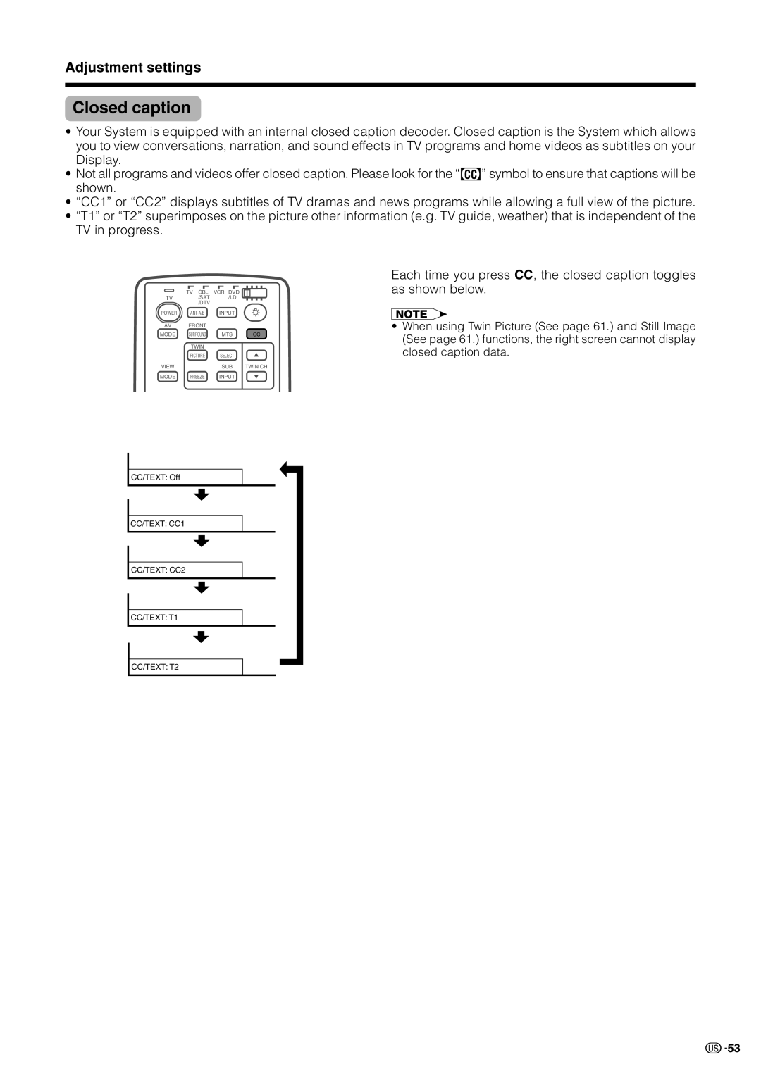 Sharp LC 30HV2U operation manual Closed caption 