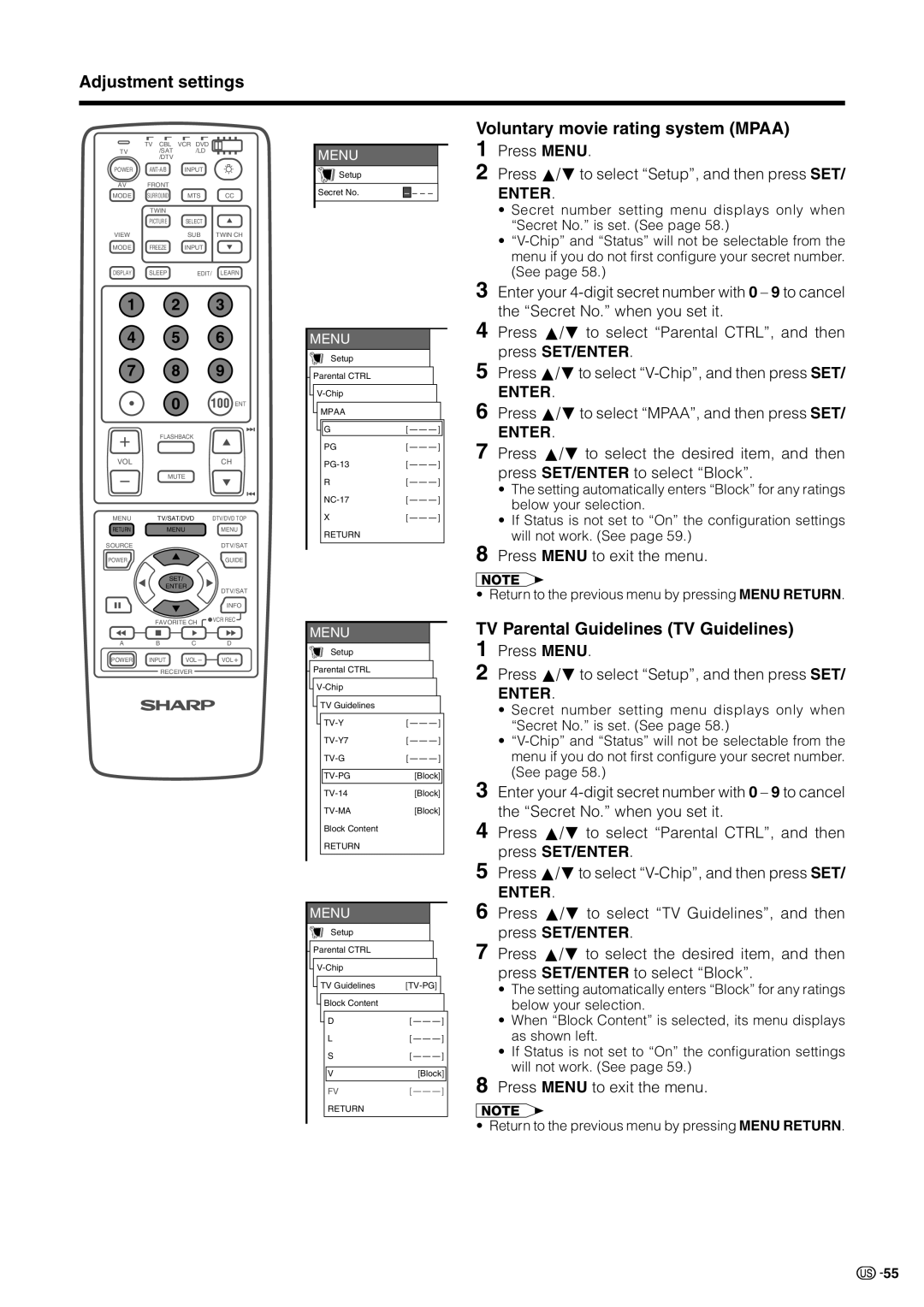 Sharp LC 30HV2U Adjustment settings Voluntary movie rating system Mpaa, TV Parental Guidelines TV Guidelines 