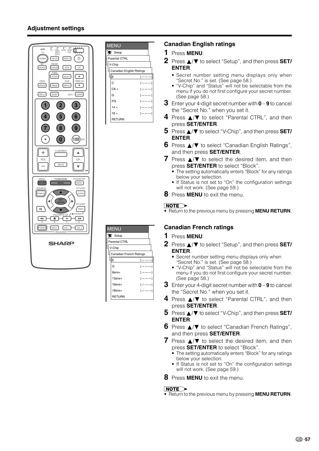 Sharp LC 30HV2U operation manual Parental Ctrl Chip Canadian English Ratings C8 + 14 + 18 + 