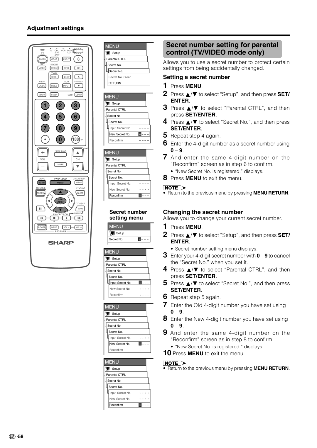 Sharp LC 30HV2U Setting a secret number 1 Press Menu, Changing the secret number, New Secret No. is registered. displays 