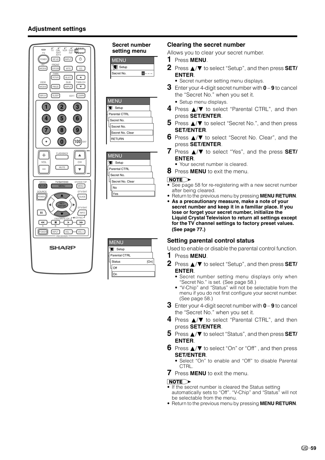 Sharp LC 30HV2U operation manual Clearing the secret number, Setting parental control status, Setup menu displays 