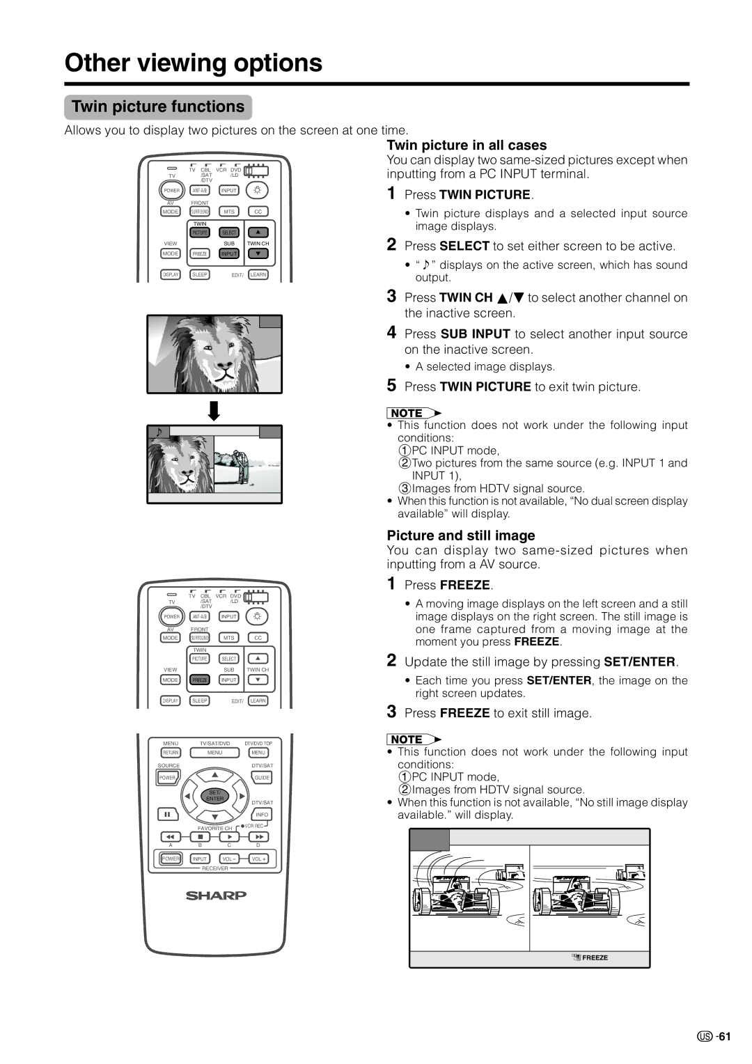 Sharp LC 30HV2U Other viewing options, Twin picture functions, Twin picture in all cases, Picture and still image 