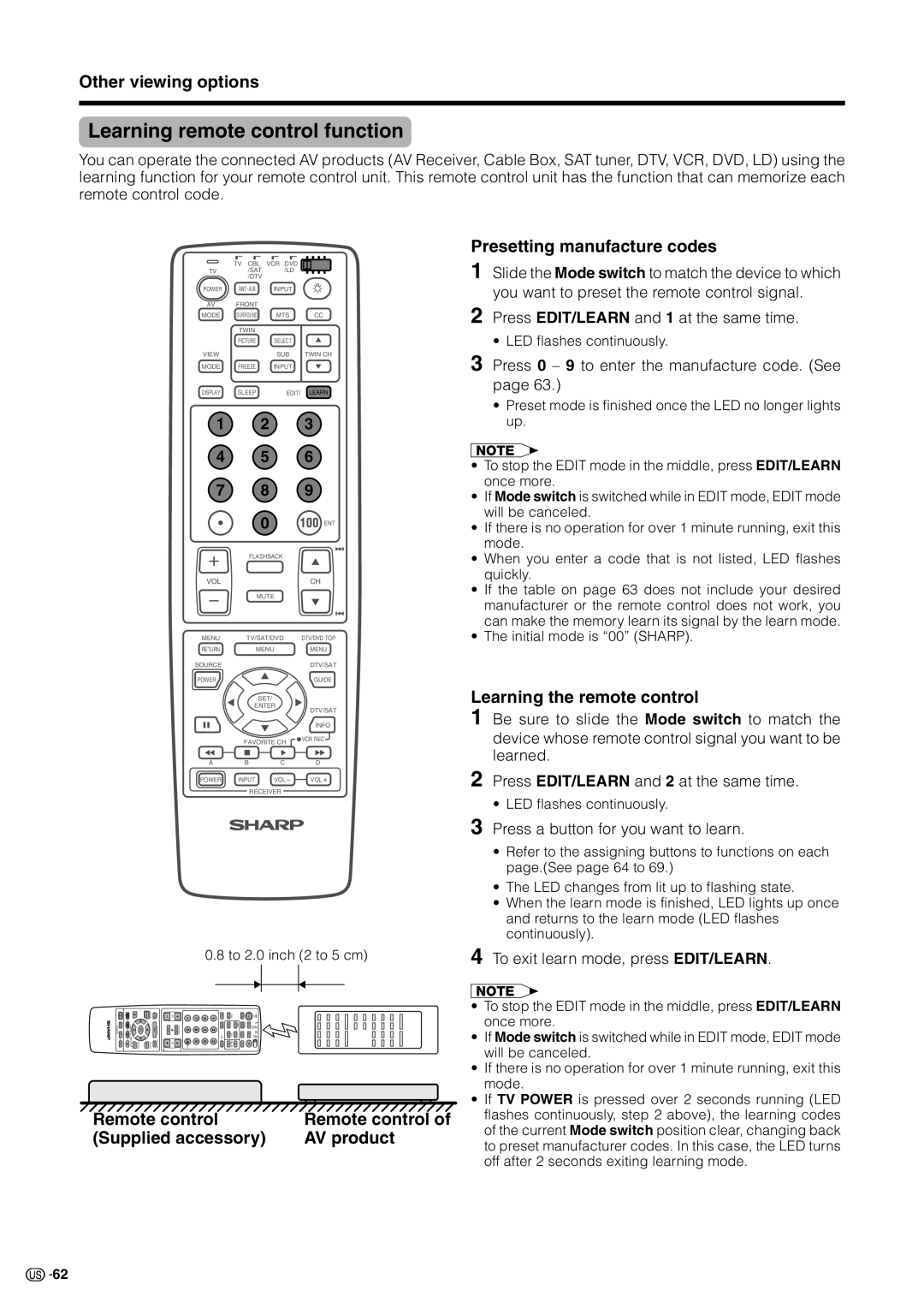 Sharp LC 30HV2U Learning remote control function, Other viewing options, Remote control, Learning the remote control 