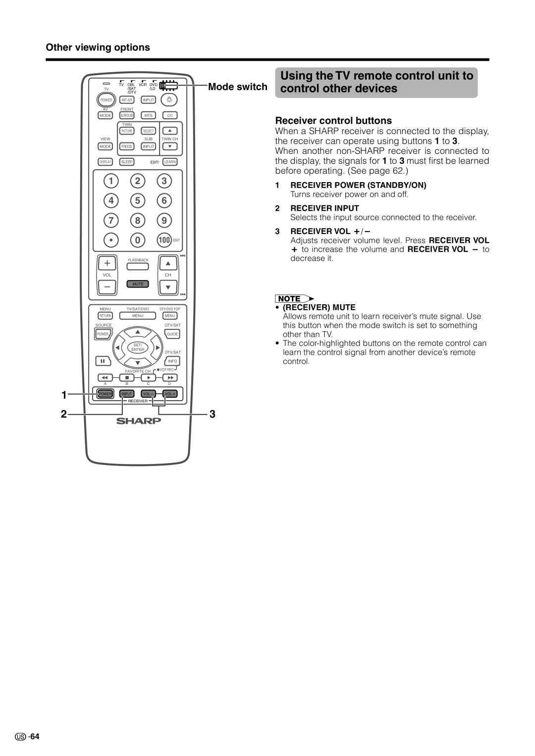 Sharp LC 30HV2U operation manual Using the TV remote control unit to control other devices, Receiver control buttons 