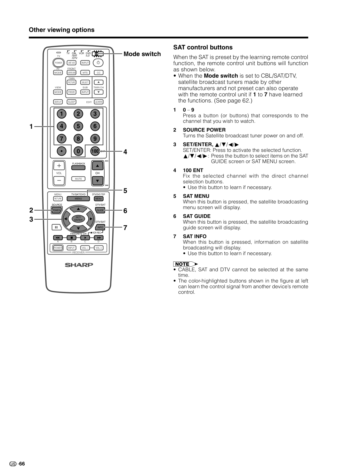 Sharp LC 30HV2U operation manual Mode switch SAT control buttons, Channel that you wish to watch, SET/ENTER, a/b/c/d 