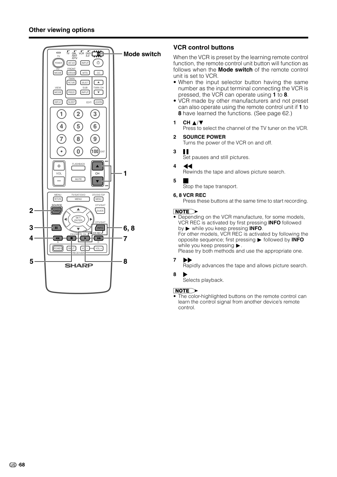 Sharp LC 30HV2U operation manual Press to select the channel of the TV tuner on the VCR, Stop the tape transport, Vcr Rec 