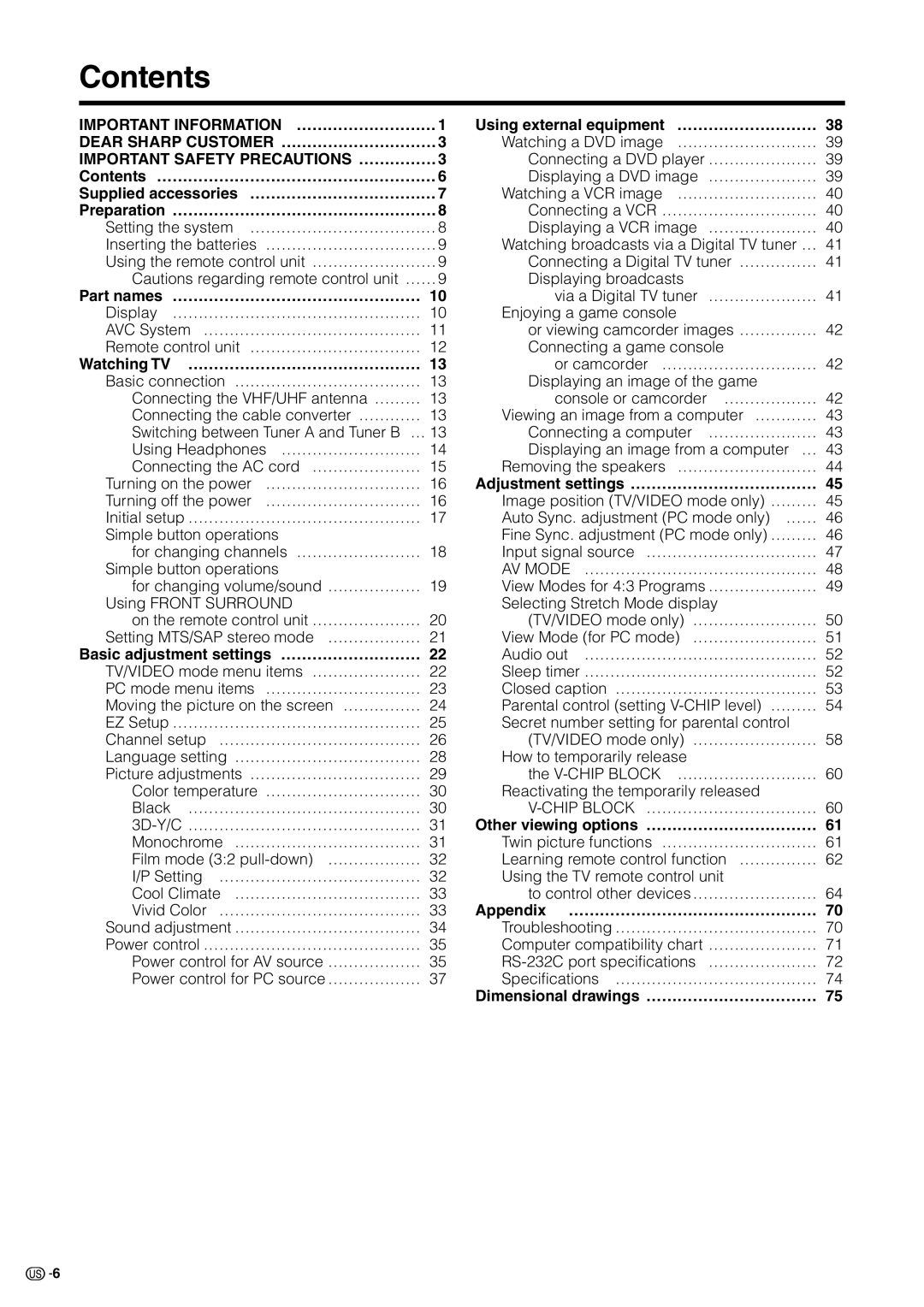 Sharp LC 30HV2U operation manual Contents 