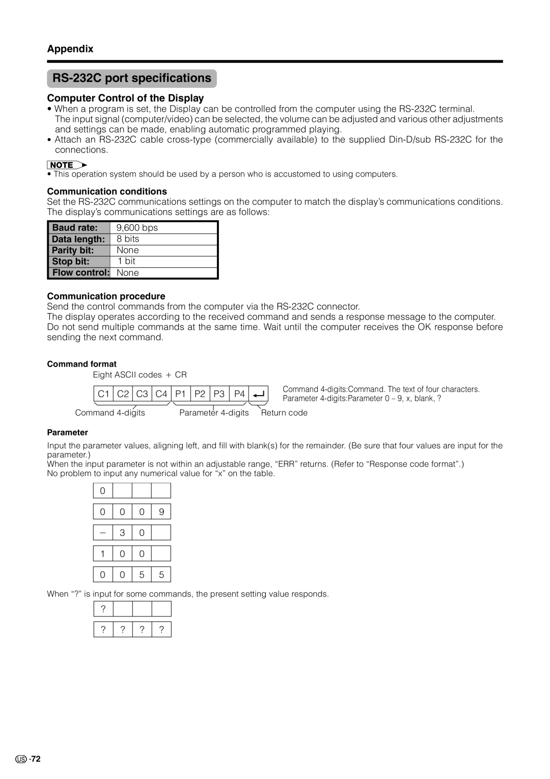 Sharp LC 30HV2U RS-232C port specifications, Computer Control of the Display, Communication conditions, Command format 