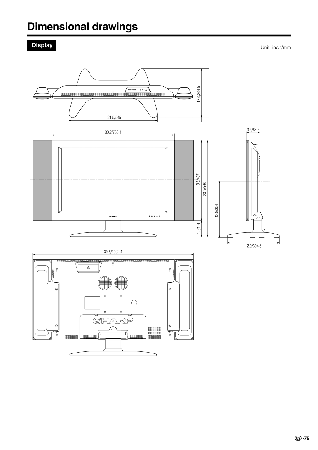 Sharp LC 30HV2U operation manual Dimensional drawings, Unit inch/mm 