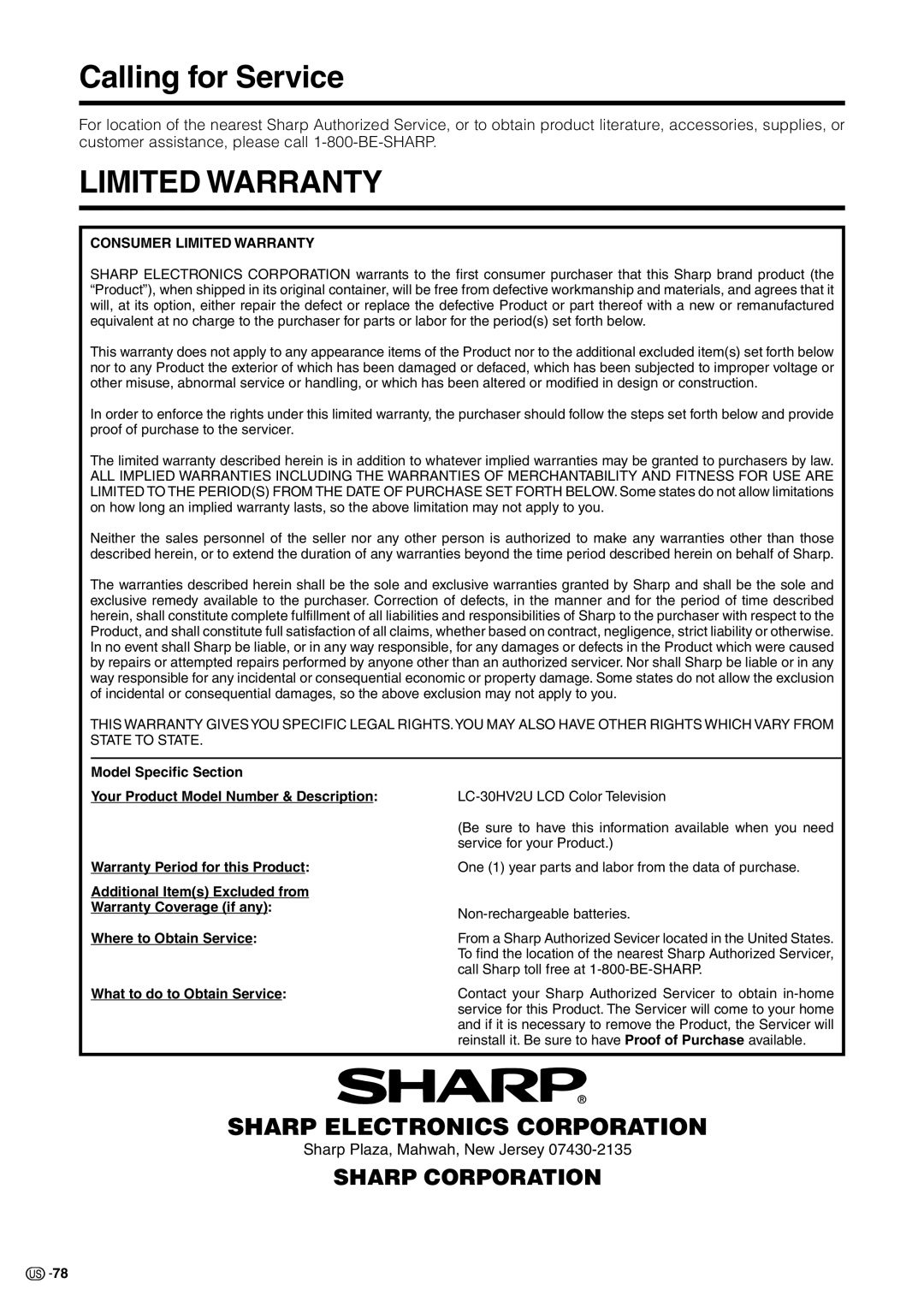 Sharp LC 30HV2U operation manual Calling for Service, Limited Warranty 