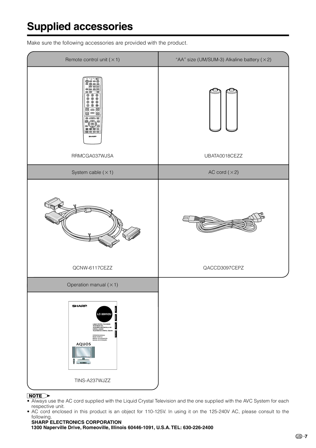 Sharp LC 30HV2U operation manual Supplied accessories, Remote control unit g1 AA size UM/SUM-3 Alkaline battery g2 