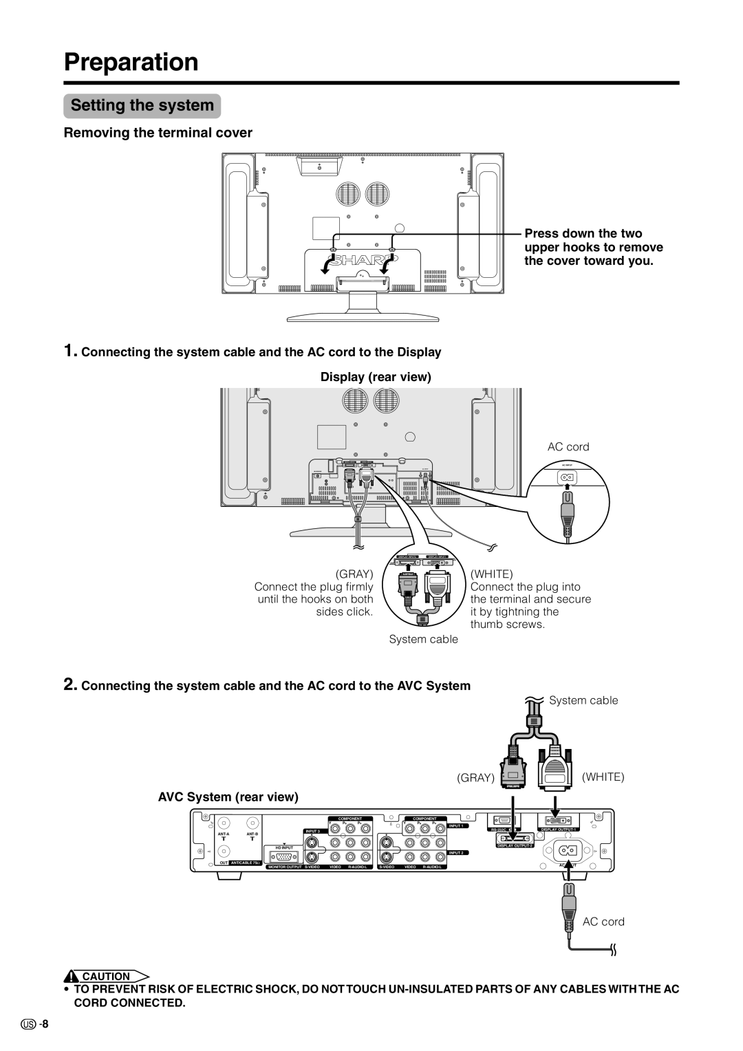 Sharp LC 30HV2U operation manual Preparation, Setting the system, Removing the terminal cover, AVC System rear view 