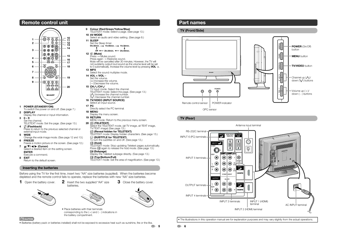 Sharp LC-32A37M operation manual Remote control unit, Part names, TV Front/Side, TV Rear, Inserting the batteries 