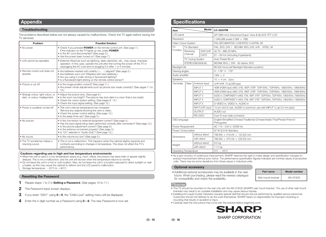 Sharp LC-32A37M operation manual Appendix, Speciﬁcations, Troubleshooting, Resetting the Password, Optional accessory 