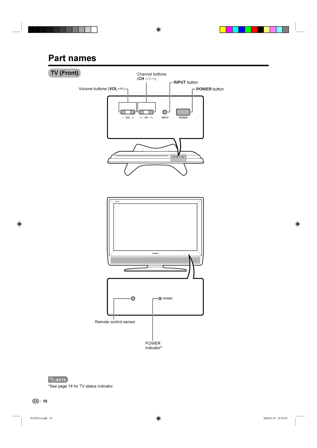 Sharp LC-32D40U, LC-26D40U operation manual Part names, TV Front, Input button Power button 