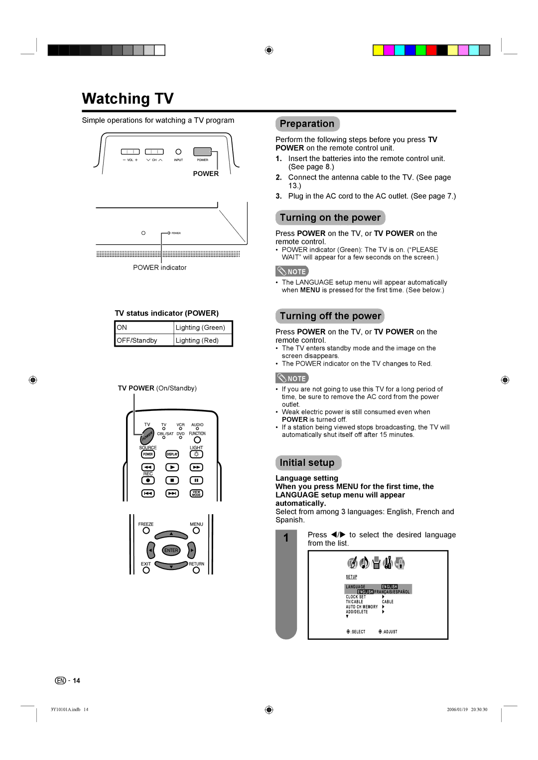 Sharp LC-32D40U, LC-26D40U Watching TV, Preparation, Turning on the power, Turning off the power, Initial setup 