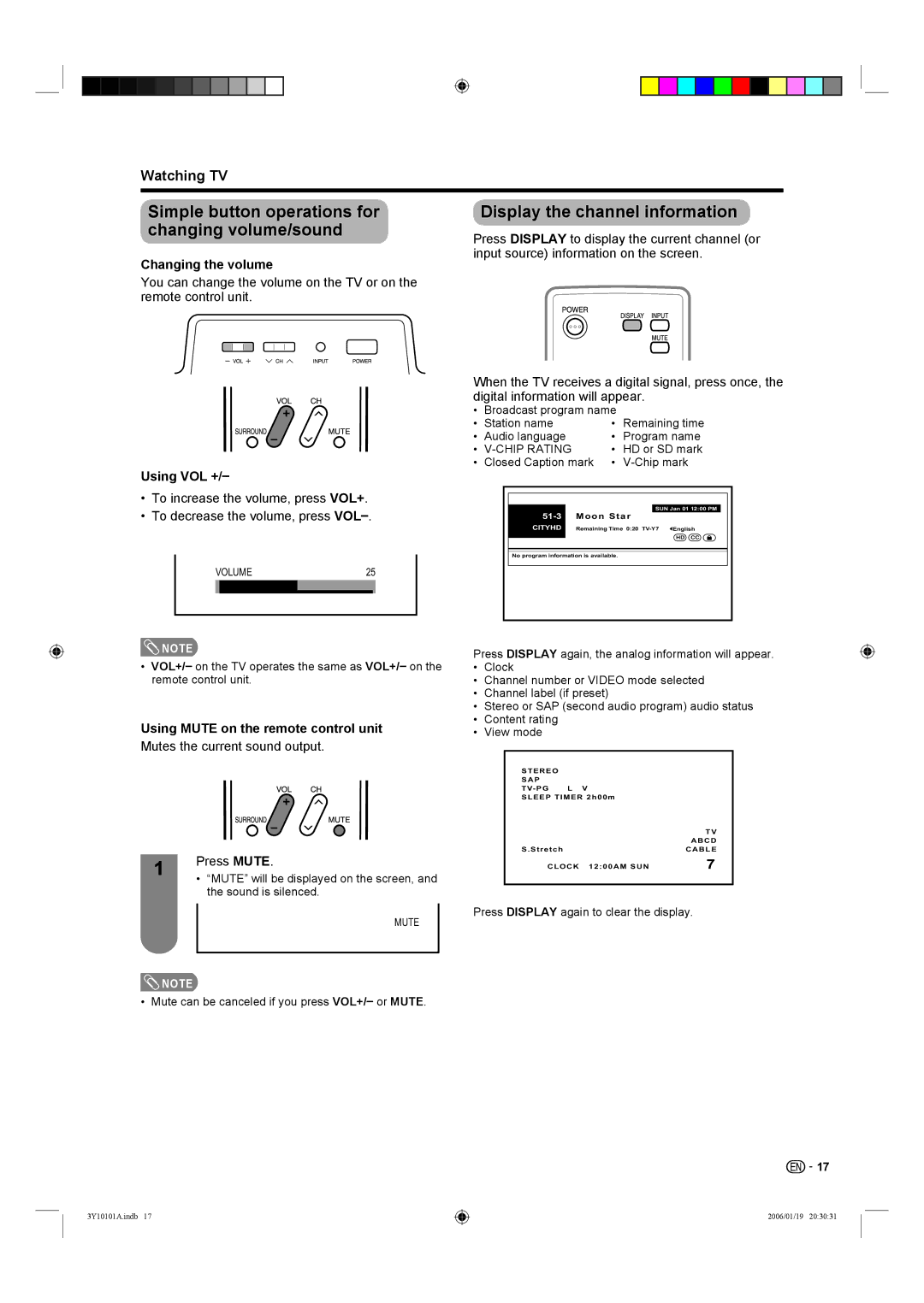 Sharp LC-26D40U Simple button operations for changing volume/sound, Display the channel information, Changing the volume 