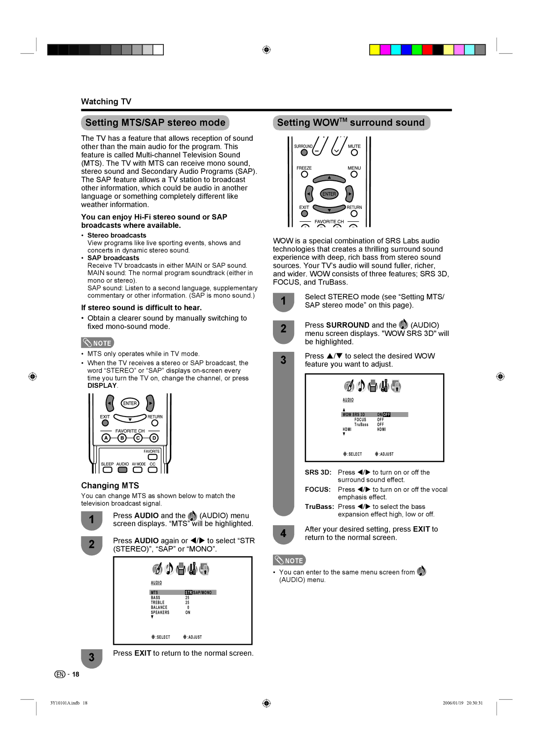 Sharp LC-32D40U, LC-26D40U operation manual Setting MTS/SAP stereo mode Setting WOW TM surround sound, Changing MTS 