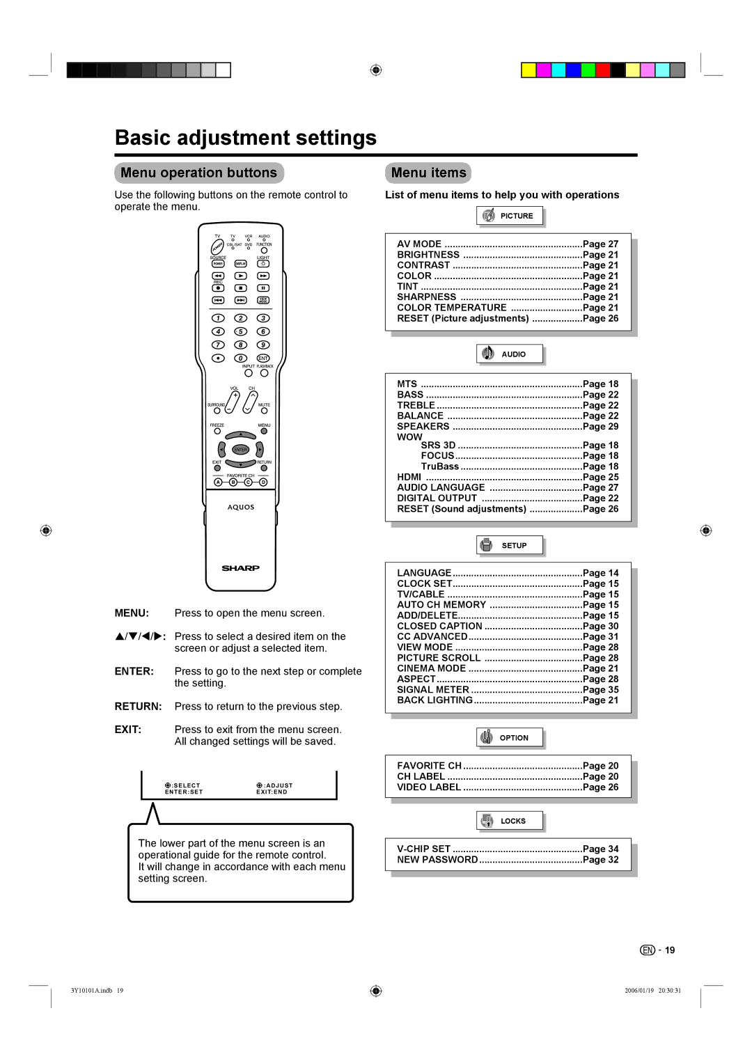 Sharp LC-26D40U, LC-32D40U operation manual Basic adjustment settings, Menu operation buttons, Menu items 