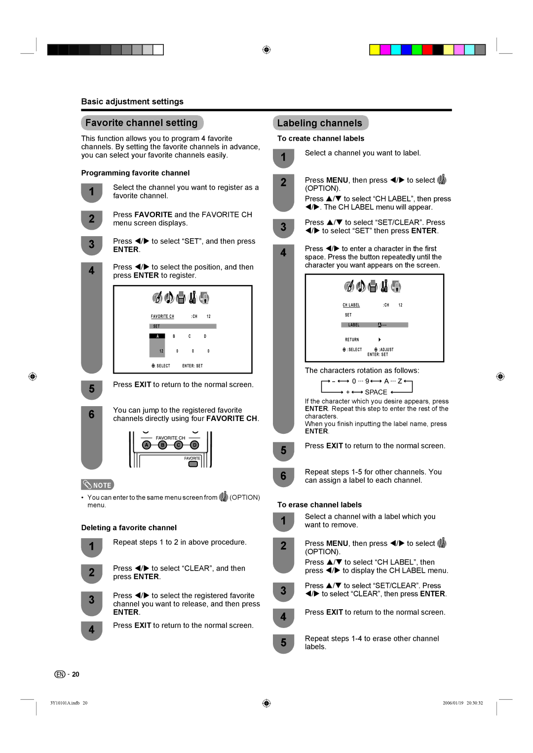 Sharp LC-32D40U, LC-26D40U operation manual Favorite channel setting, Labeling channels, Basic adjustment settings 