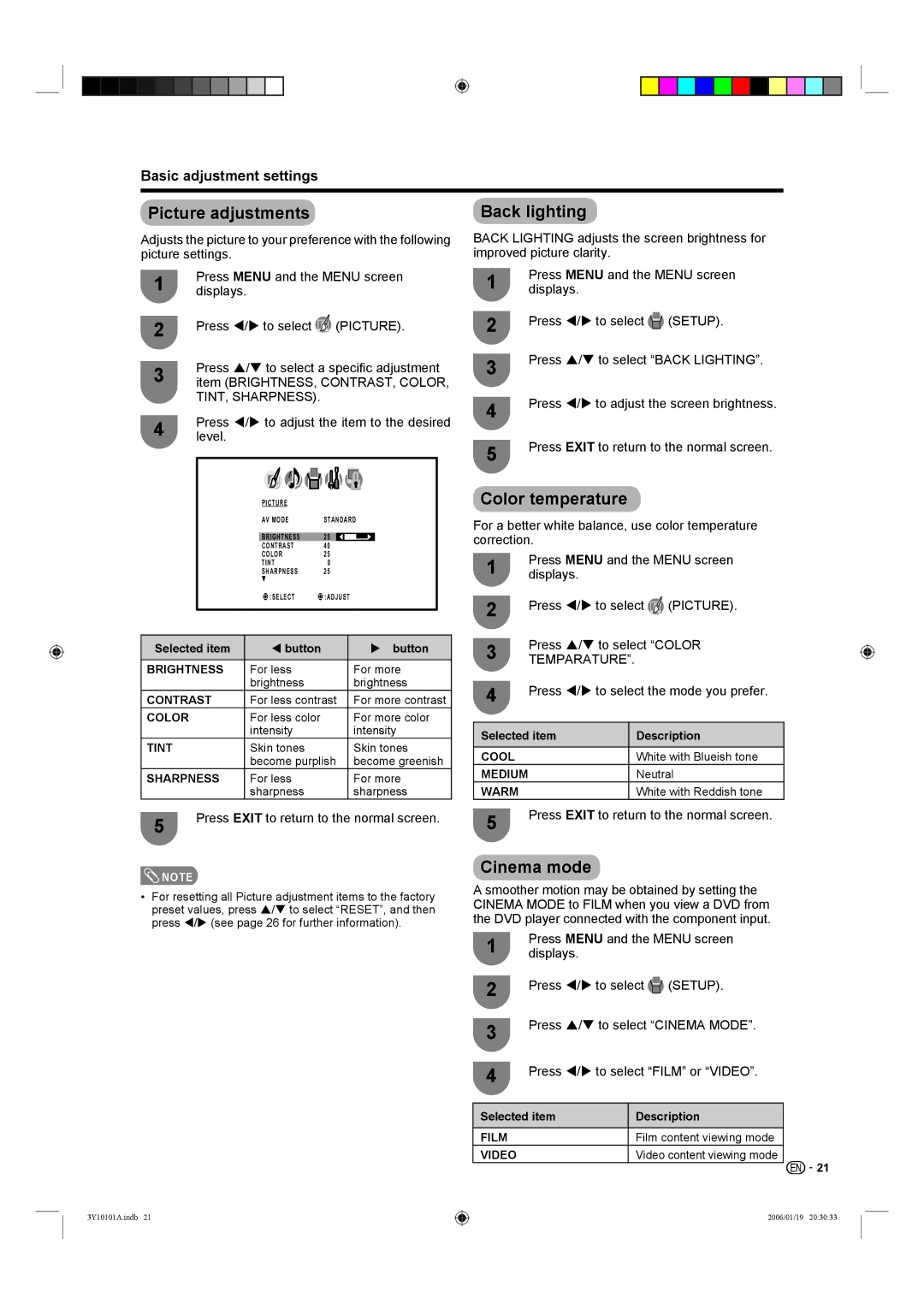 Sharp LC-26D40U, LC-32D40U operation manual Picture adjustments Back lighting, Color temperature, Cinema mode 