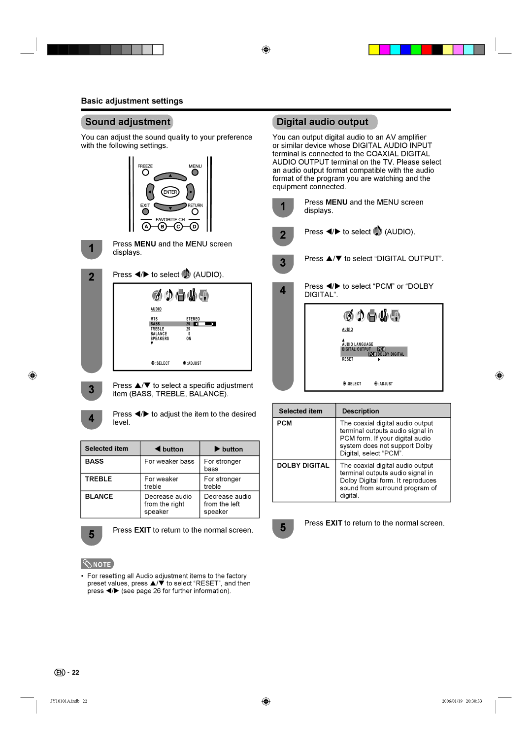 Sharp LC-32D40U, LC-26D40U operation manual Sound adjustment Digital audio output 