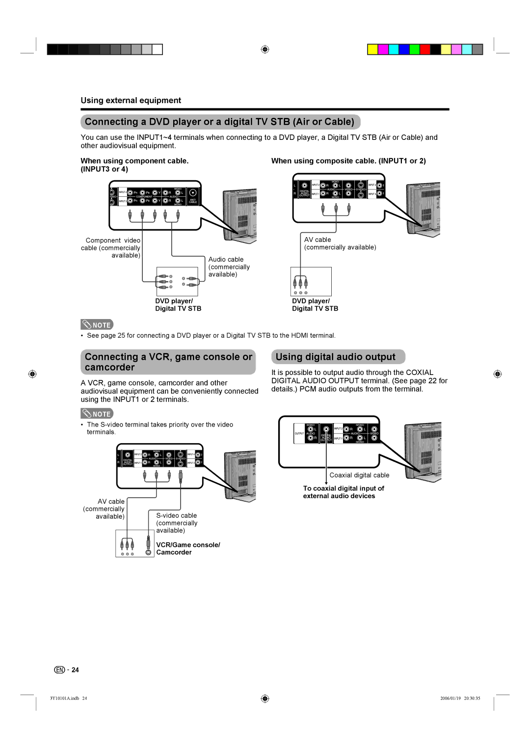 Sharp LC-32D40U Connecting a DVD player or a digital TV STB Air or Cable, Connecting a VCR, game console or camcorder 