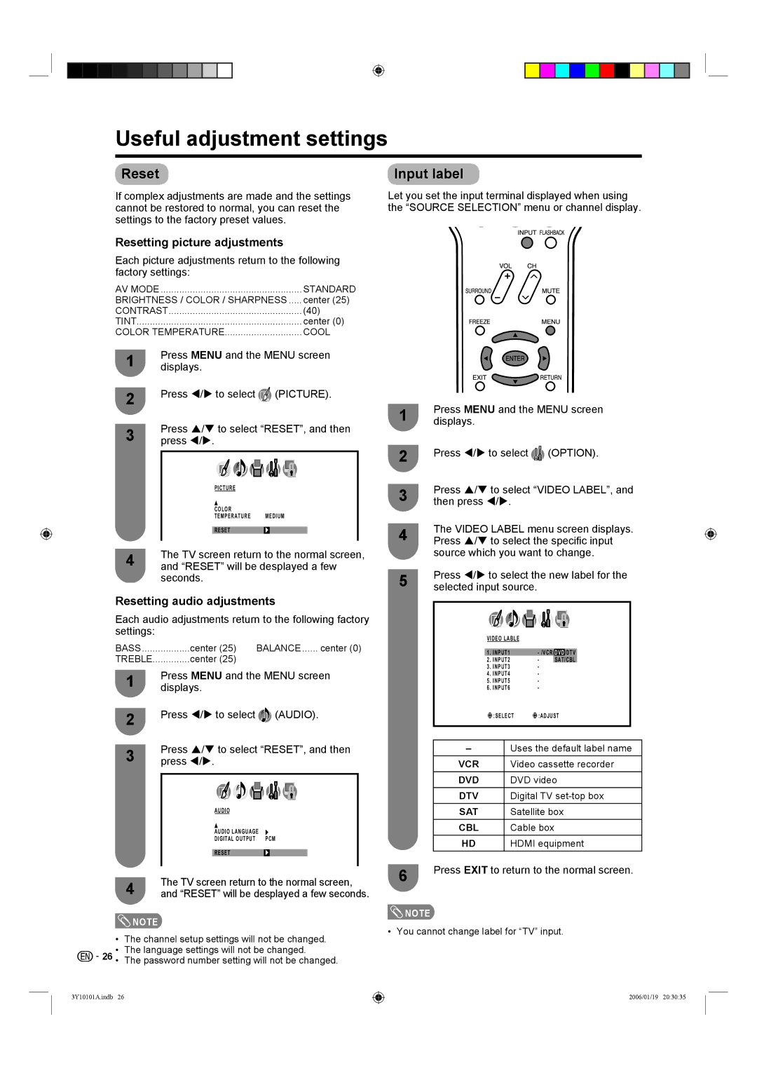 Sharp LC-32D40U Useful adjustment settings, Reset Input label, Resetting picture adjustments, Resetting audio adjustments 