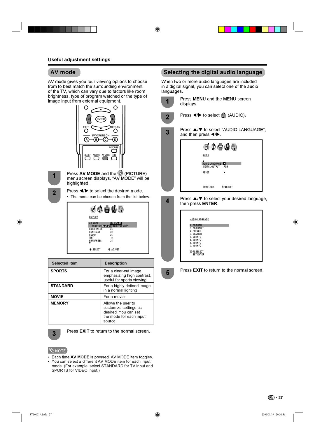 Sharp LC-26D40U, LC-32D40U AV mode, Selecting the digital audio language, Useful adjustment settings, Then press Enter 