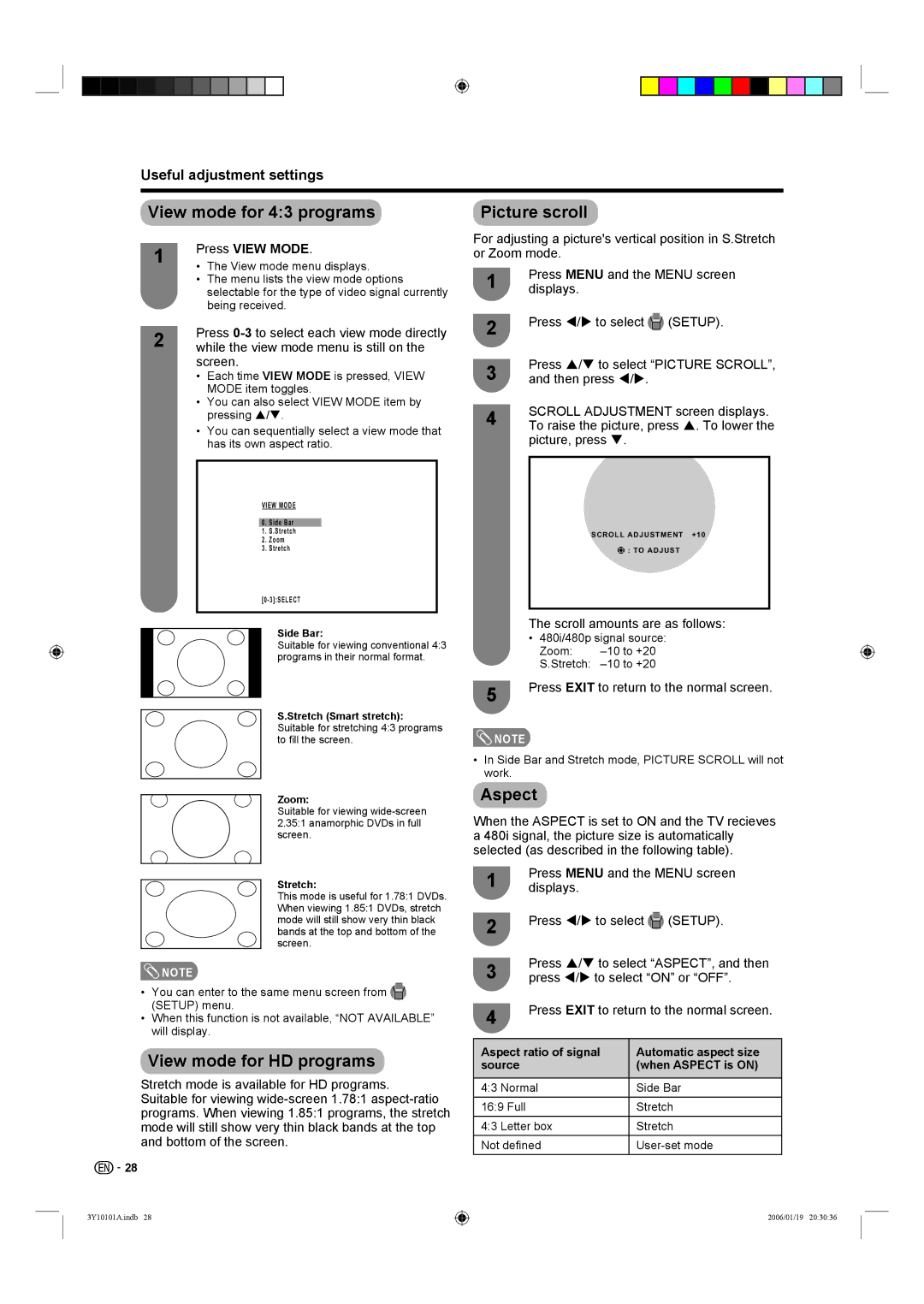 Sharp LC-32D40U, LC-26D40U View mode for 43 programs, Picture scroll, Aspect, View mode for HD programs, Press View Mode 