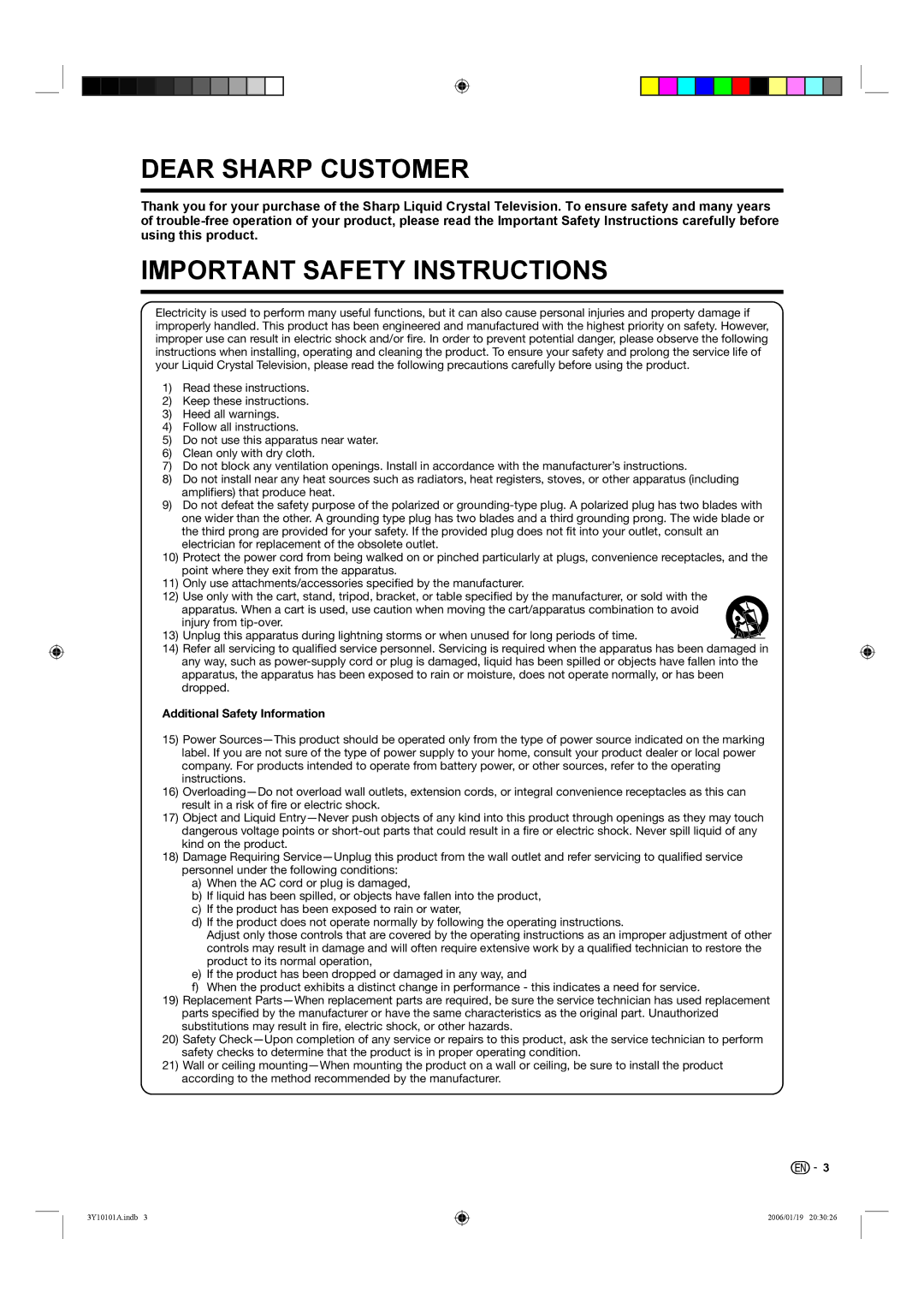 Sharp LC-26D40U, LC-32D40U operation manual Dear Sharp Customer, Additional Safety Information 