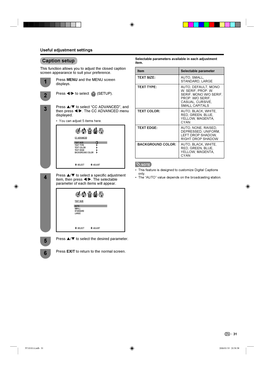 Sharp LC-26D40U, LC-32D40U Caption setup, Press / to select a speciﬁc adjustment, Item, then press Selectable 